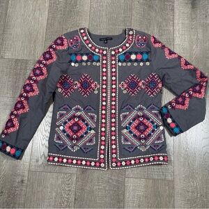 Indigo Moon Embroidered Gray Boho Jacket - Pink & Blue Accents
